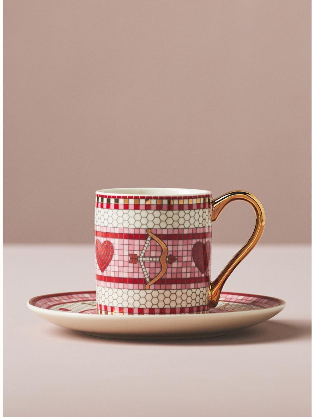 Anthropologie Bistro Espresso Cup Saucer 24KT Tile Stoneware Heart Bow & Arrow - Picture 4 of 14